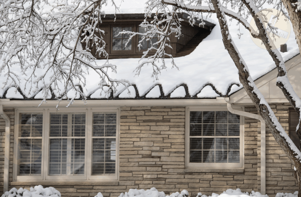 House roof with thick ice dams and long icicles forming along the eaves after heavy snowfall