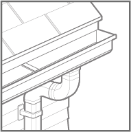 Line drawing of a roof gutter with a downspout elbow and vertical pipe.