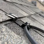 Close-up of a black cable secured along asphalt shingle roof with two plastic clips